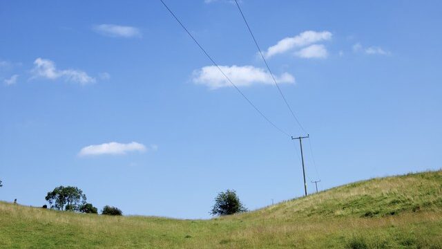 Field, sky, power lines