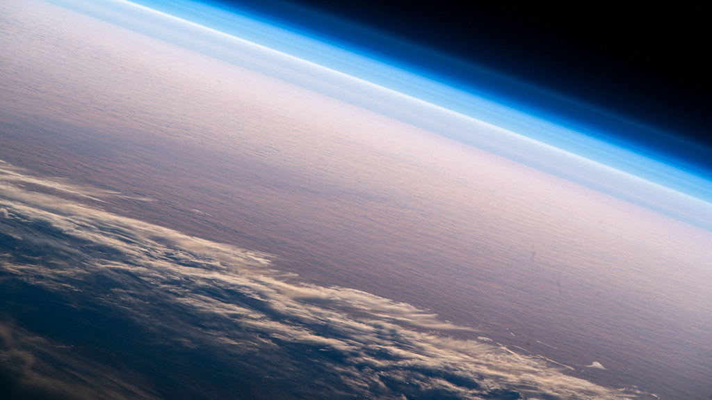 Flying into an orbital sunset above the Pacific Ocean